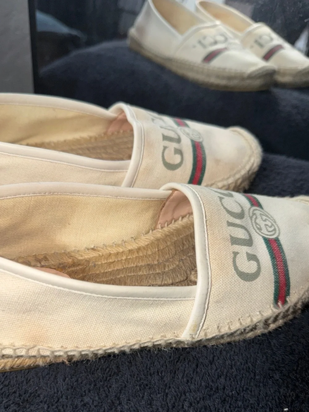 Gucci Beige Canvas Espadrilles with Green and Red Web Stripe